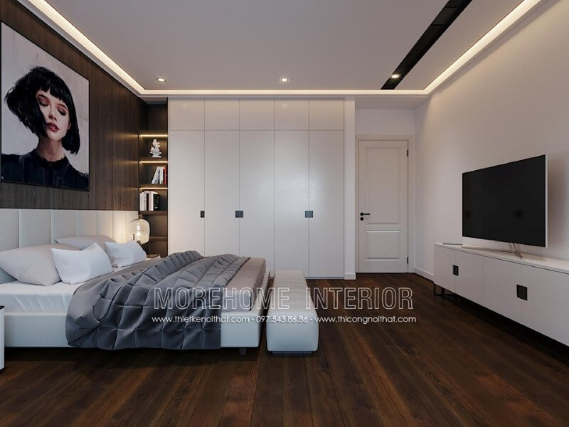 Thiết kế nội thất phòng ngủ hiện đại ấn tượng với sàn gỗ óc chó cao cấp sang trọng.