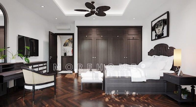 Thiết kế nội thất gỗ tự nhiên cao cấp phòng ngủ phong cách tân cổ điển cho nhà phố sang trọng