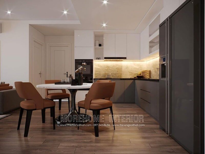 Mẫu tủ bếp chữ L được nhiều khách hàng lựa chọn cho nhiều căn hộ có diện tích nhỏ như chung cư, nhà phố...