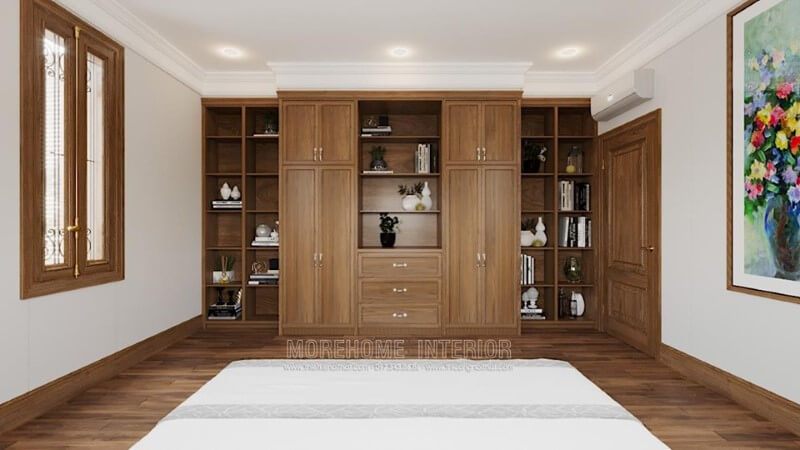 của bạn Mẫu tủ gỗ óc chó với tông màu nâu sáng có thiết kế áp tường độc đáo sẽ làm nên sự khác biệt cho biệt thự của bạn.