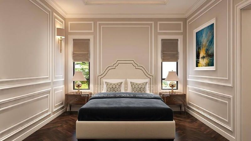 Trang trí nội thất phòng ngủ tân cổ điển sang trọng, thông thoáng với hệ cửa đầu giường giúp không gian luôn được thông thoáng.