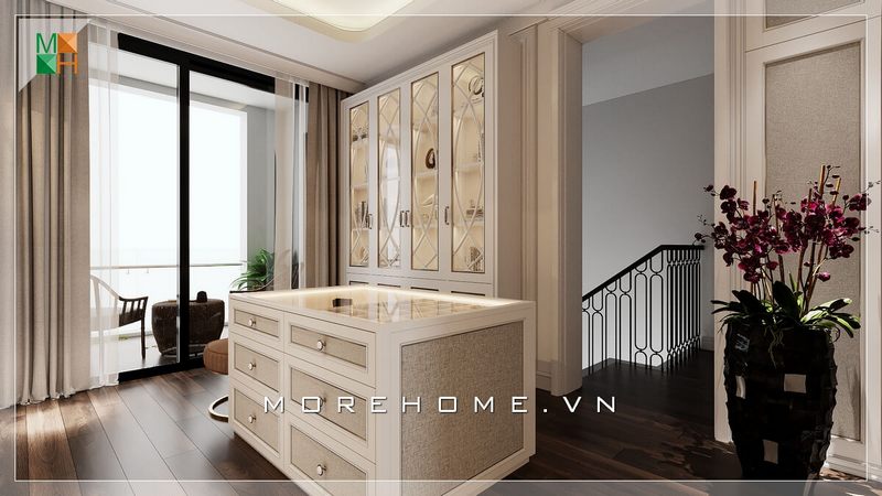Mẫu tủ để đồ kết hợp thiết kế một đảo phụ kiện lớn rất tiện nghi phù hợp với không gian nhà phố, chung cư, biệt thự.