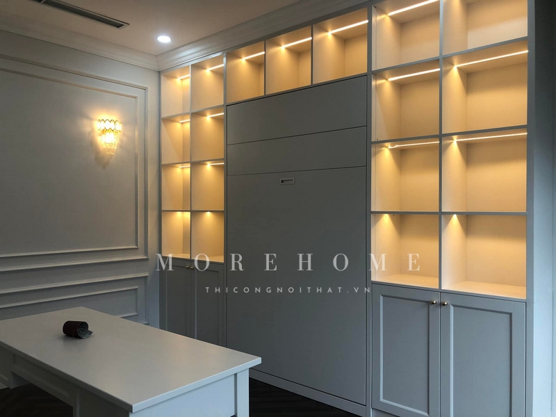 Thi công kệ tủ gỗ tự nhiên màu trắng đèn leb sắp xếp trang trí, trưng bày những món đồ gọn gàng, khoa học không gian thẩm mỹ