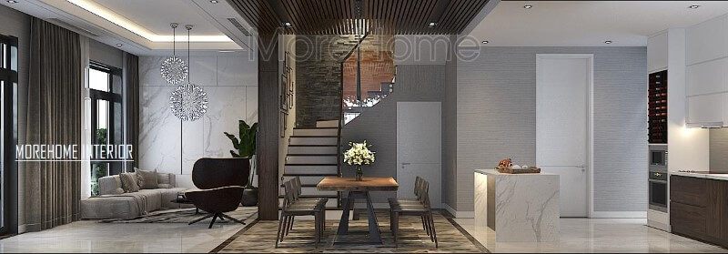Phối cảnh thiết kế hiện đại đẹp cho biệt thự nhà phố với ý tưởng thiết kế phòng khách liền bếp ăn.