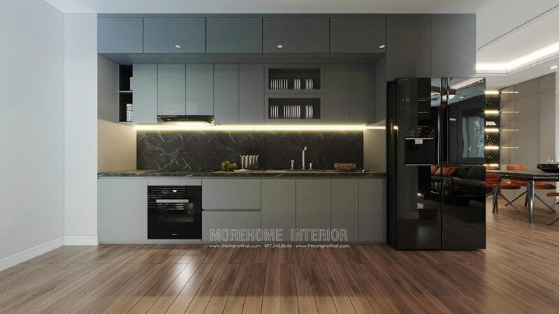 Mẫu kính ốp bếp cao cấp với vân đá nhẹ nhàng, mang lại vẻ đẹp bền bỉ và không bị thay đổi trong suốt thời gian.