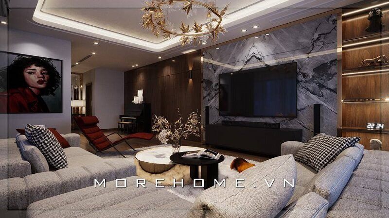 MoreHome thiết kế nội thất phòng khách với tông màu xám chủ đạo được đánh giá cao về đẹp.